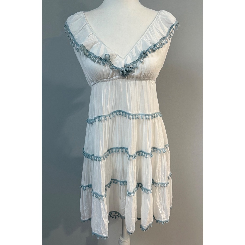 Boston Proper‎ Tiered Mini Dress White Gauze Blue Pom Pom Trim Open Back Size L